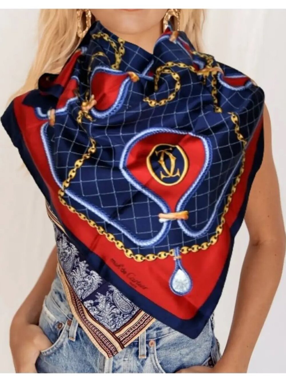 Authentic Must de Cartier Silk Scarf Large Square